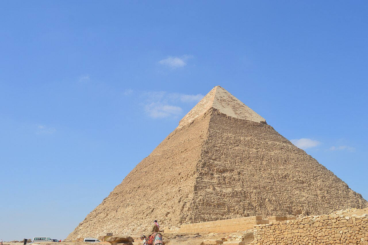Pyramid of Khafre on the Giza Plateau with surviving limestone casing near the summit